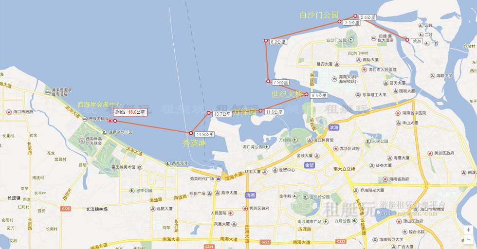 新埠島國(guó)際游艇碼頭→白沙門公園→世紀(jì)大橋→萬(wàn)綠園→秀英港→西海岸會(huì)展中心